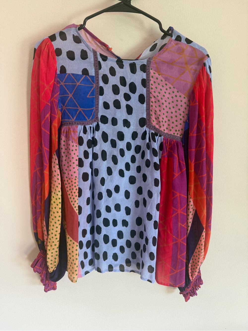 Blank London Patchwork Polka Dot Blouse Multicolor Boho Smocked Cuff Top XS